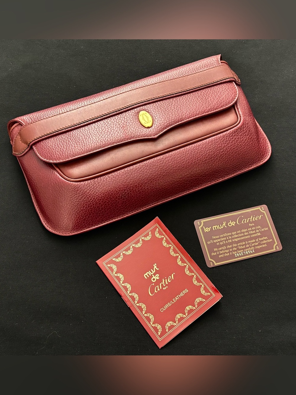 Cartier Authentic Clutch "Must de Cartier" Line. Classic Burgundy/Red. VGVC